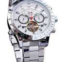 FORSINING Men Tourbillon Mechanical Self-Wind Watch, Day Date Month Full Calendar, Luminous Tachymeter Multifunctional Automatic Watches, Carved Big Dial Stainless Steel Band Wrist Watch, White Case