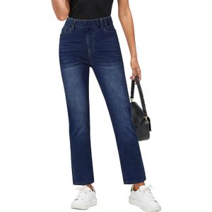 GRAPENT Straight Leg Jeans for Women Trendy Pull On High Waisted Cropped Elastic Waist Stretchy Denim Pants Ankle Jeans (Medium, Darkness Blue)