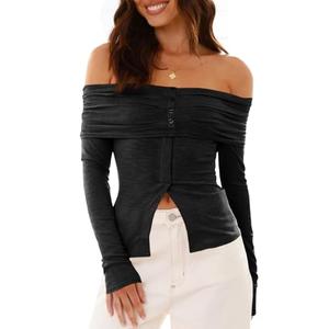 Cicy Bell Womens Off The Shoulder Tops Cute Long Sleeve Slim Fit Ribbed Ruched Shirt 2024 Fall Y2k Clothes Black, Size M