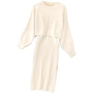 Women Midi Dress Knitted Pullovers Suits Spring Winter O-Neck Long Sleeve Knitted Pullovers Solid Knitted Dress Set (Small, Beige)