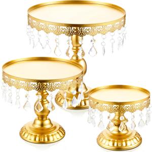 Eaasty 3 Pcs Cake Stand Set Round Cake Stand with Crystal Bling Pendants Dessert Table Display Set for Wedding Event Birthday Party Dessert Table(Gold)