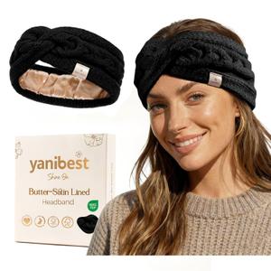 YANIBEST Soft Stretch Knot Headbands for Women Satin Lined Ear Warmer Headband for Women Men Outdoor, Black