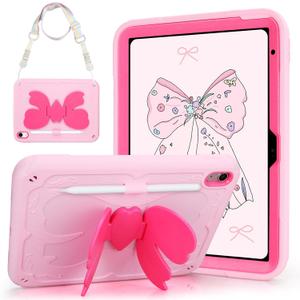 VOFUOE for iPad A16 Case 11th Generation 2025 11 Inch, for iPad 10th Generation Case 2022 10.9 Inch for Kids Girls with Sweet Bow Stand Shoulder Strap Pencil Holder Hard Cover-Pink &Hot Pink Bow