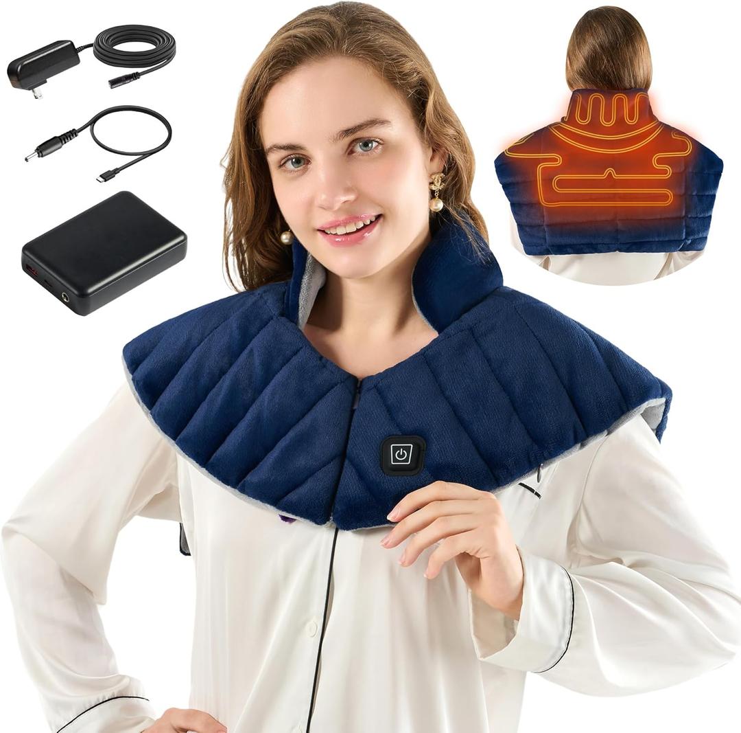 Portable Cordless Heating Pad for Neck, Shoulders & Back - Rechargeable Battery Operated Heating Pad with 3 Heat Settings, Birthday Gift for Women, Weighted Neck Warmer for Pain Relief (Navy Blue)