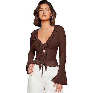 GORGLITTER Women's Sheer Mesh Tops Long Bell Sleeve Tie Front Vintage Ruffle Blouse Shirt M