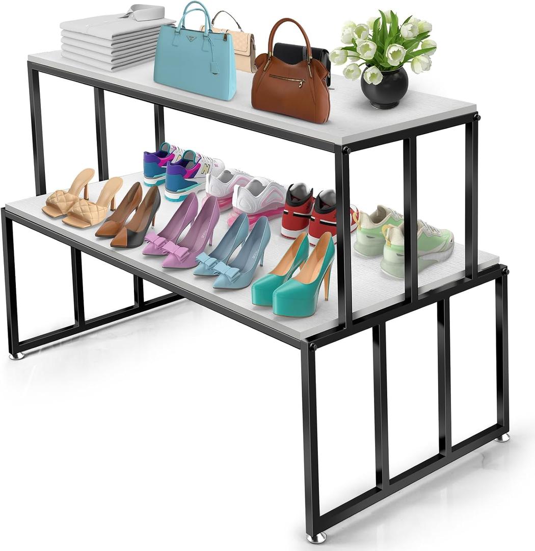 2-Tier Display Table with White Wood Top & Black Metal Frame, Heavy-Duty Retail Display Stand for Boutique, Shoes & Handbag Display Stand Store Display & Home Storage Shelves Retail Shelving