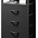 NightStand Bedside Charging Table Bedroom - Black Night Stand with Charger Station, Modern Bed Side End Table with Open Shelf & 4 Fabric Drawers, USB-C USB Ports & AC Outlets for Dorm Living Room