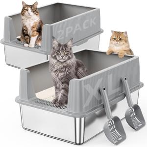 Suitfeel XL Stainless Steel Cat Litter Box with Lid,2 Pack,Light Gray