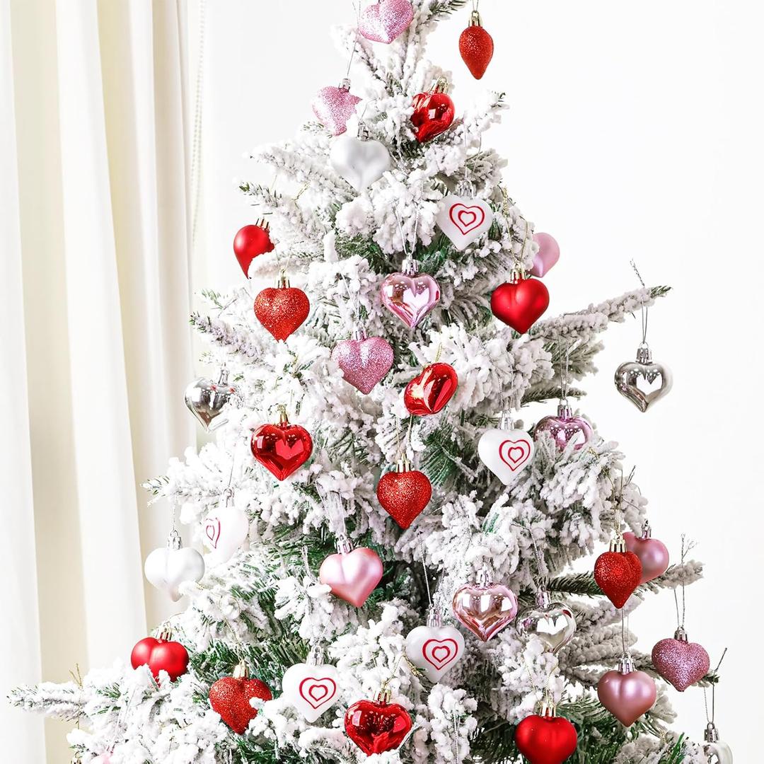 Ivenf Valentine's Day Decor Heart Decorations, 48 Pcs Red Pink Silver White Plastic Heart Tree Ornaments, Christmas Valentine Tree Decorations for The Home Wedding Dinner Gifts Table Tiered Tray Decor