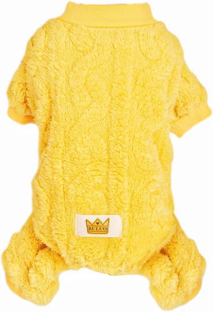 Plush Dog Pajamas for Cold Weather 4 Legged Clothes for Dog Cat Stretchy Puppy Kitten Onesie with Buttons Warm Soft Pet Jumpsuit Winter Coat Yellow X-Large