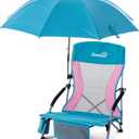 Lamberia Folding Beach Chair with Umbrella for Adults, Portable Low Beach Chairs with 300lbs Capacity, Lightweight Fodable Camping Chair for Travel, Picnic, Concert & Outdoor Activities, Blue-Pink
