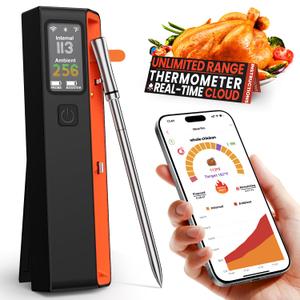Wireless Bluetooth Smart Meat Thermometer: 0.5F Accuracy, 1 Probe with 6 Sensors - WiFi Digital Thermometer with LED Base, NIST Certified Accuracy, Long-Range for BBQ, Grill, Smoker, Oven