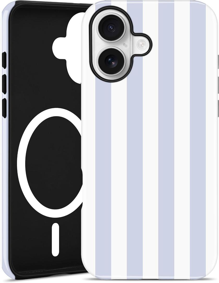 Magnetic Striped Phone Case for iPhone 15 Plus, Compatible with MagSafe, Cute Wide Blue Aesthetic Stripe Soft TPU and Hard PC Shockproof Protective Phone Cover for Women Girls