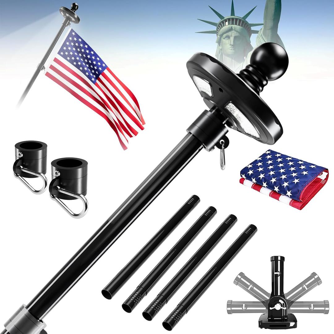 Sprookber 5ft Solar Light Flag Pole kit with American Flag – 180°Adjustable Bracket and Tangle Free Rings, Stainless Steel FlagPoles for Outside House, Residential or Commercial use, Black