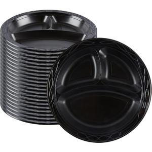 Restaurantware RW Base 10.4 Inch Microwavable Food Plates, 100 Round Plastic Plates - 3 Compartments, Disposable, Black Plastic Dinner Plates, Serve Hot And Cold Foods, For Restaurants And Cafes