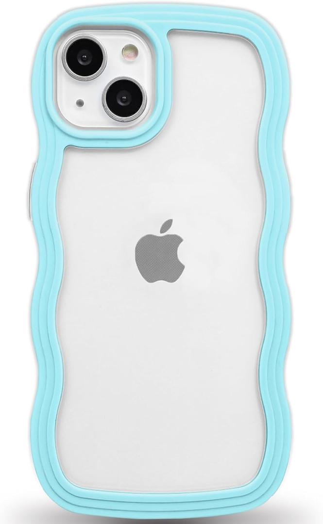 Anuck for iPhone 13 Case Wavy Edge Clear Back Design, Anti-Slip Grip Cute Wave Curly Frame Shape Shockproof Soft TPU & Hard Bumper Protective Phone Case Cover for Women Girls, Dark Blue