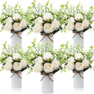6 Sets Artificial Peonies Flowers, 6 Artificial Peony with Vase 6 Faux Eucalyptus, Faux Silk Peony Bouquet Spring Flowers for Decoration Wedding Party Home Dining (White)