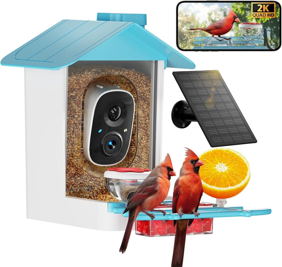 Bird Feeder with Camera 2K HD AI Smart Identify BirdSpecies Solar Panel Outdoors Birdhouse with Cam, Instant Arrival Alerts, Capture BirdVideo, Gifts for Mom Dad (Blue)