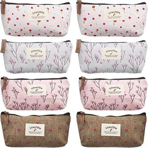 TecUnite 8 Pcs Small Makeup Bag Bulk for Purse Canvas Pencil Pouch Floral Pencil Bags Cosmetic Zipper Pouch for Christmas Office Students Girls Women Coworkers
