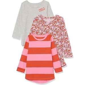 Amazon Essentials Girls and Toddlers' Cotton Long-Sleeve Tunic T-Shirts, Pack of 3, M, Floral/Light Grey Heather/Stripe