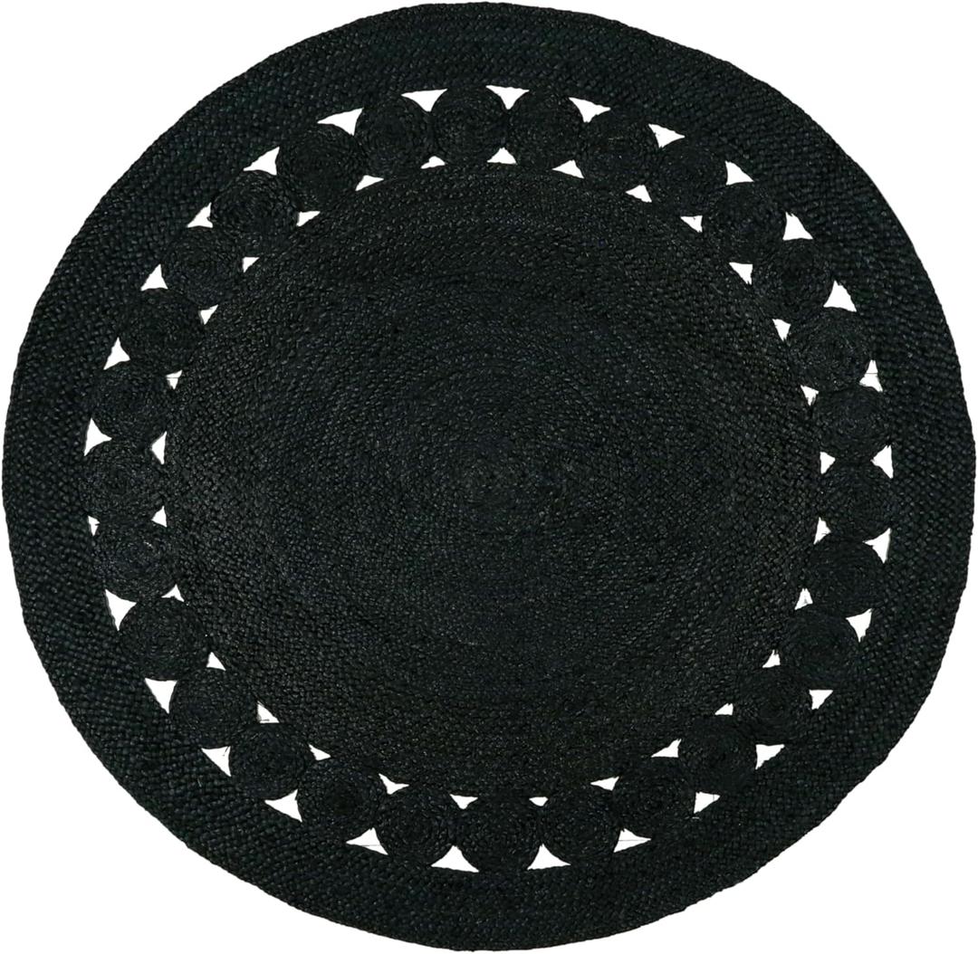 Hand Woven Braided Jute Rug - 4' Round - Black Reversible Farmhouse Rugs for Living Room, Bedroom, Dining Room, Kitchen - Natural Decorative Floor Boho Entry Area Rugs - Round Rug 4ft