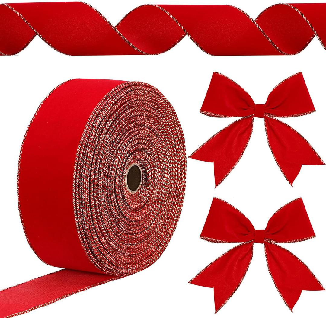 Yungyan Velvet Ribbons with Gold Edge Felt Ribbon Gift Bow Wrapping Ribbon Waterproof for Handmade, Home Decor, Gift Wrapping, Wreath DIY Crafts, Christmas Tree(Red,2.5 Inch x 60 Yards)