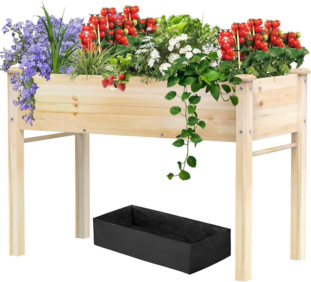 48x24x31IN Elevated Wooden Raised Garden Bed with Legs, Reinforced Large Planter Box for Vegetable Flower Herb Outdoor, Standing Growing Bed forGardening/Backyard/Patio/Balcony, Liner Included