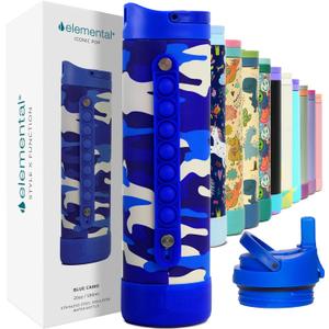 Elemental Iconic Kids Water Bottle with Straw Lid & Stress Reliever Pop It Handle, Leak-Proof When Closed, Triple Insulated Stainless Steel Reusable Thermos Water Bottle, 20oz - Blue Camo