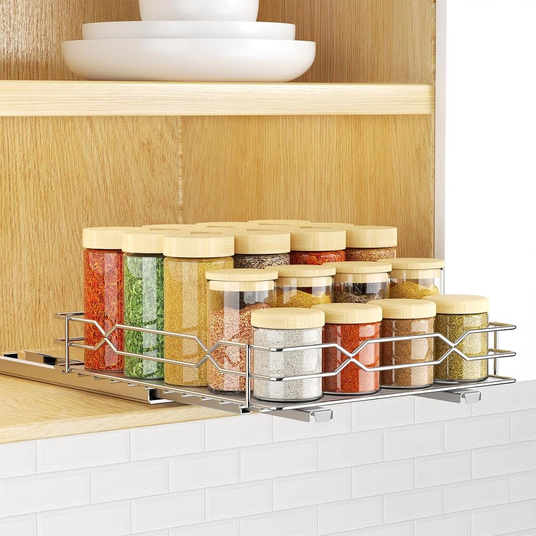 Pull Out Spice Rack Organizer for Inside Cabinet, 2 Tier Spice Rack Spice Organization for Cabinet 6 Height Adjustable, Seasoning Organizer, 10×9 in