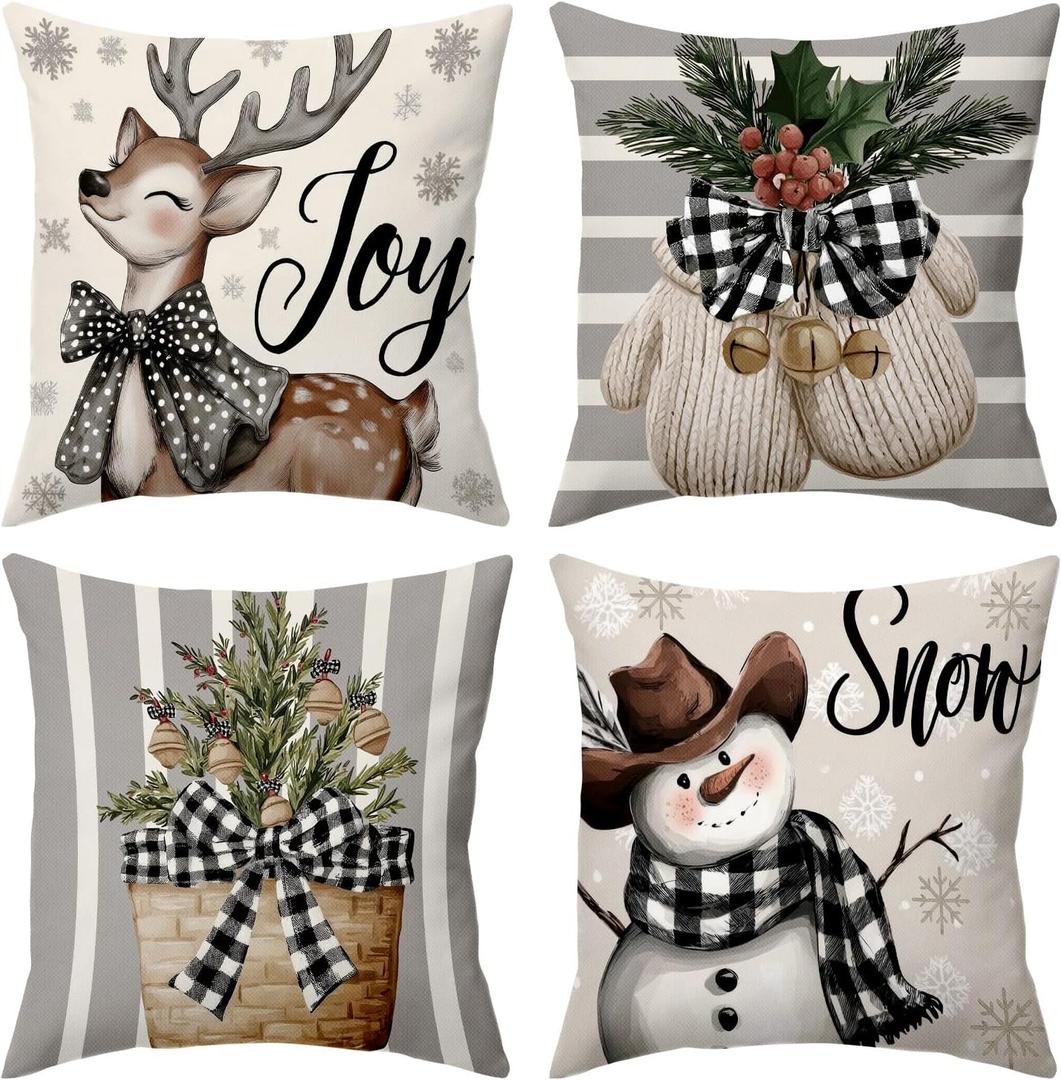 Rustic Christmas Holiday Throw Pillow Covers 18x18 Couch Cushion Covers, Pastel Country Striped Decorations for Porch Home, Xmas Reindeer Tree Snowman Farmhouse Pillow Cases Winter Decor Set of 4
