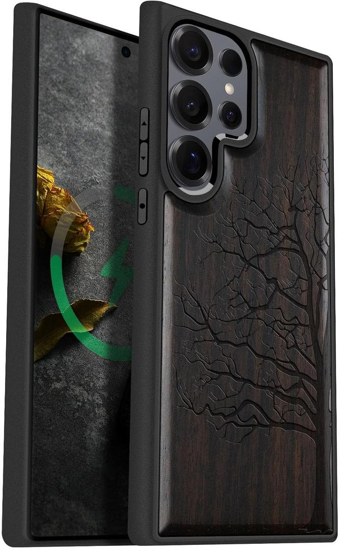 Carveit Magnetic Wooden Case for Samsung Galaxy S25 Ultra Case 2025, TPU Shockproof Cover & Wood Artisan Engraved, Compatible with MagSafe Wireless Chargers (Eternal Tree) Blackwood
