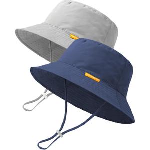 Baby Sun Hat Kids Summer Sun Protection Toddler Bucket Hat Wide Brim Adjustable Beach Hats for Boys Girls Age 0-6 Years (6-24 Months, 2 Pack (Grey + Blue)
