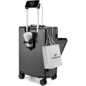 feilario 20in Aluminium Frame PC Hard Shell Spinner Wheels Luggage, Built-In TSA lock Carry on Suitcase, with Cup Holder, USB Port, Phone Holder