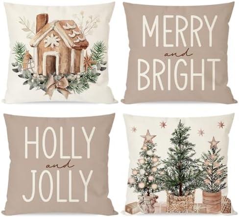 PANDICORN Christmas Pillow Covers 18x18 Set of 4 Gingerbread House Xmas Tree Decorations Neutral Christmas Decor Merry and Bright Winter Holiday Decorative Throw Pillow Cases for Home Room Couch