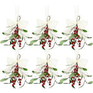 6 Pieces Mistletoe Christmas Decor Artificial Mistletoe Pick Christmas Decoration with Berries and White Ribbon Bow Faux Hanging Kissing Ball for Xmas Tree Ornament Party Decor (Red White)