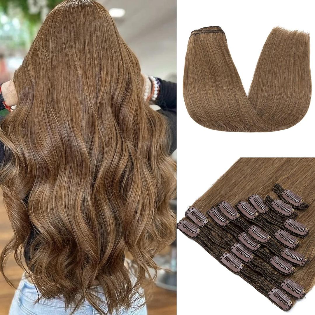 Clip in Hair Extensions Real Human Hair, MY-LADY Human Hair Clip in Extensions, 18Inch 140g 8Pcs Hair Extensions Clip ins, Seamless Human Hair Straight Light Brown