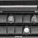 ROTHWELL 10 Slot Leather Watch Box - Luxury Case Display Jewelry Organizer - Locking Watch Display Case Holder with Large Glass Top - Box Organizer for Men and Women (Black/Grey)