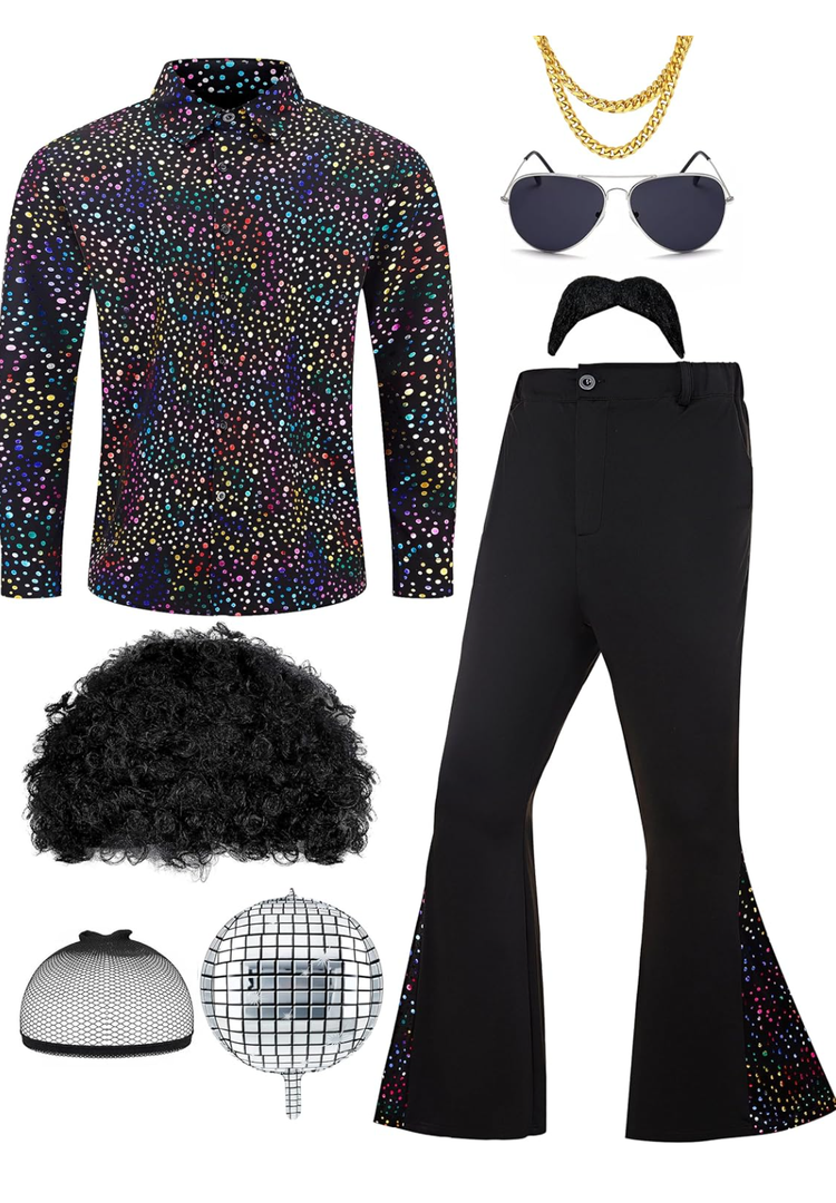 70s Disco Outfit for Men 70s Costume with Retro Shirt Bell Bottom Pants Wig Sunglasses Necklace Mustache, M