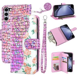 Floral Wallet Case for Samsung Galaxy Z Fold 5 5G 2023 with Wrist Strap Shoulder Strap Flip Zipper Purse Card Holder,Stand Glitter Bling Cell Phone Cover for ZFold5 Z5 G Fold5 5Z Pink