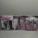 iKNOW FOTO Paris Wall Decor for Bedroom & Bathroom - 12x16 Framed Canvas Prints Set, Eiffel Tower, Notre Dame, Arc de Triomphe with Cherry Blossom - Pink, Black & White Modern Home Art