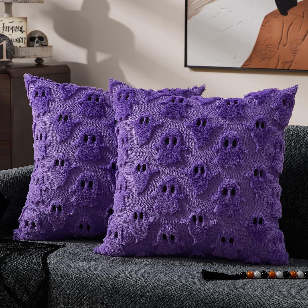 DFXSZ Halloween Pillow Covers 18x18 inch Set of 2 Purple Ghost Throw Pillow Cases Soft Plush Faux Fur Wool Couch Cushion Case for Chair Sofa Bedroom Living Room Home Decor PTK03E18