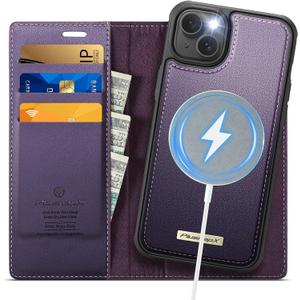 Wallet Case for iPhone 15 Plus Compatible with Magsafe, 2-in-1 PU Leather Flip RFID Blocking Card Holder Stand Shockproof Magnetic Detachable Cover for iPhone 15 Plus Case, Fashion Purple