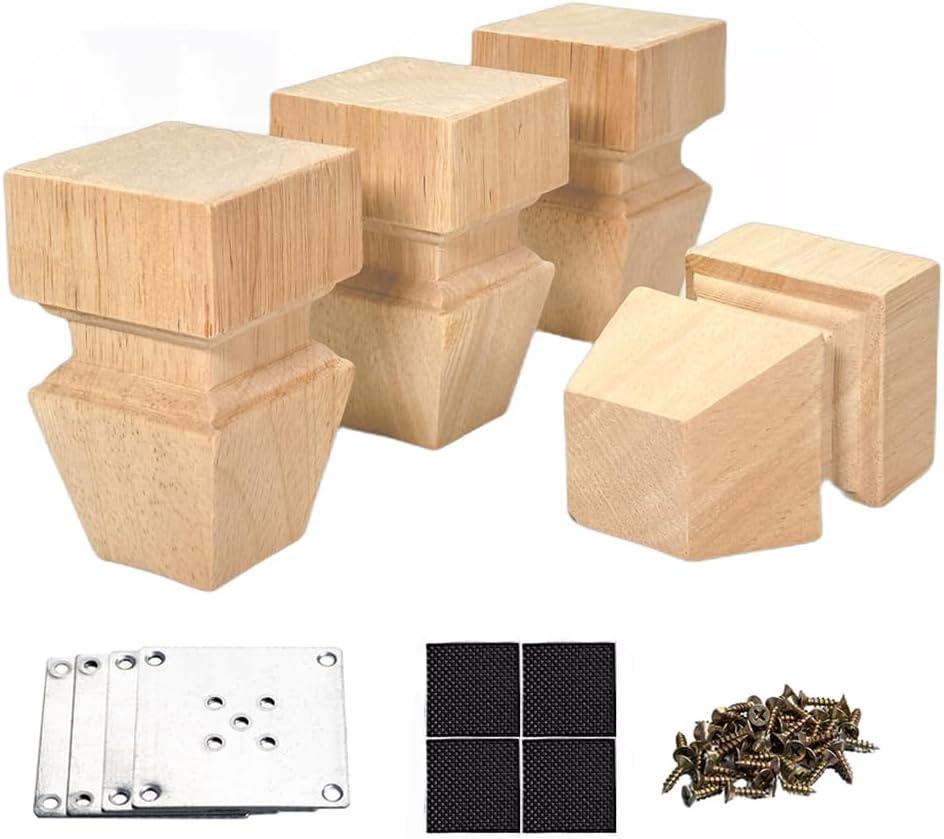 4 Inch Wooden Furniture Legs with Mounting Plates Screws Set of 4 Solid Wood Unfinished Replacement Furniture Feet for Couch Cabinet Sofa Dresser Ottoman TV Stand Bed Home (4inch)