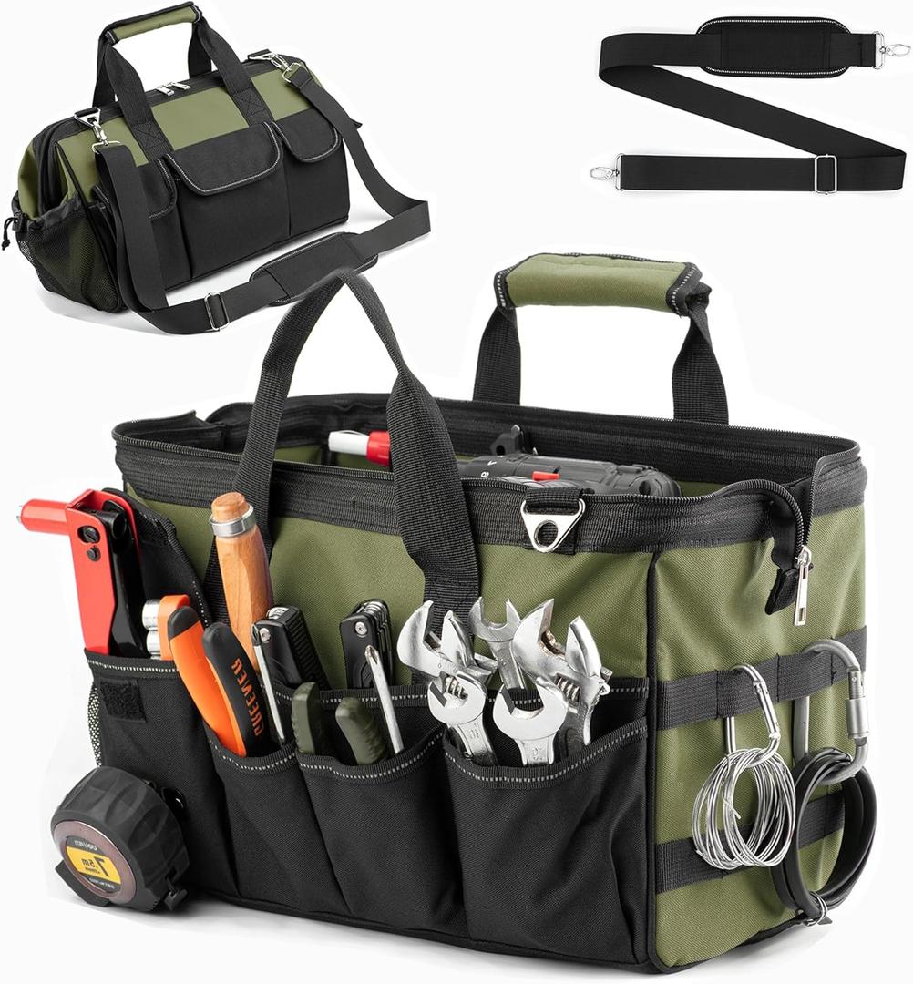 Tool Bag, 16 Inch Foldable Open Top Organizer for Easy Tool Access, Water-Resistant Construction, Electrician Tool Bag with Handle & Padded Adjustable Strap, Green