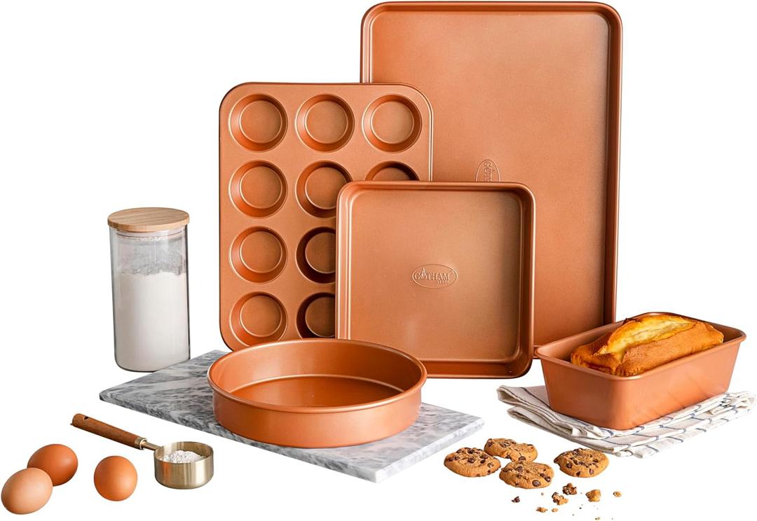 Gotham Steel Non Stick Ceramic Bakeware Set, 5 Piece No Warp & Dishwasher Safe Baking Set, Baking Pans Set with Round & Square Baking Pan, Muffin Pan, Loaf Pan & Baking Sheet for oven, 100% PFOA Free Gotham Steel Non Stick Ceramic Bakeware Set, 5 Piece No Warp & Dishwasher Safe Baking Set, Baking Pans Set with Round & Square Baking Pan, Muffin Pan, Loaf Pan & Baking Sheet for oven, 100% PFOA Free