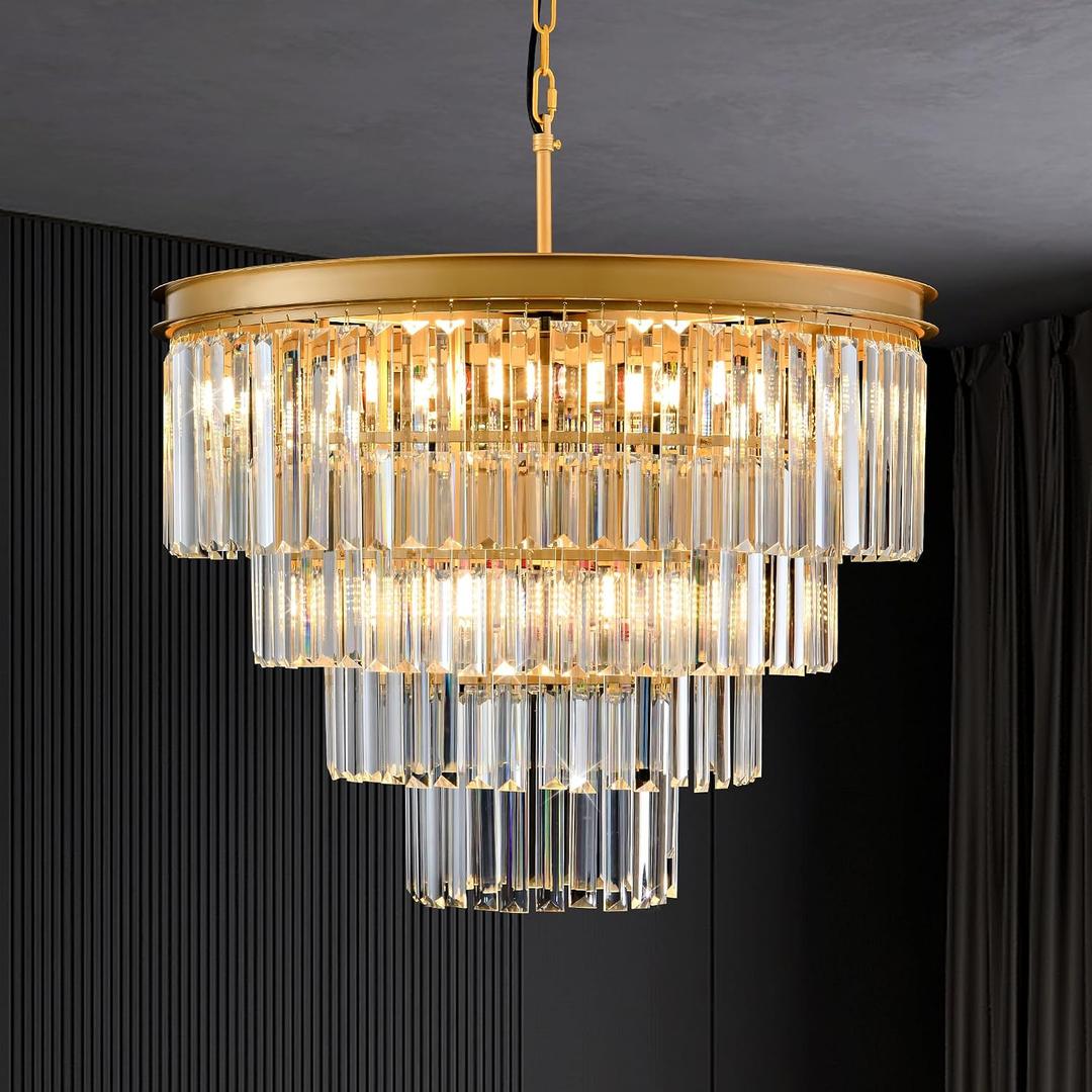 Gold Crystal Chandelier 22.9" 10-Lights Modern Crystal Pendant Lights 4-Tier Luxury K9 Hanging Dining Room Lighting Fixture for Living Room Bedroom Kitchen Island Entryway Stairway Office