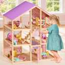 Tiny Land Wooden Dollhouse for Girls - 6 Rooms Wooden Doll House, 1:12