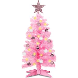 3 Ft Premium Pink Christmas Tree with Lights, Battery Operated Timer 8 Modes 50 Warm White Lights Small Artifical Full Christmas Tree for Tabletop Home Office Indoor Outdoor Xmas Holiday Decorations