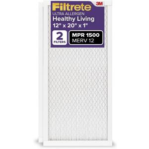 Filtrete 12x20x1 AC Furnace Air Filter, MERV 12, MPR 1500, CERTIFIED asthma & allergy friendly, 3 Month Pleated 1-Inch Electrostatic Air Cleaning Filter, 2-Pack (Actual Size 11.81x19.81x0.78 in)
