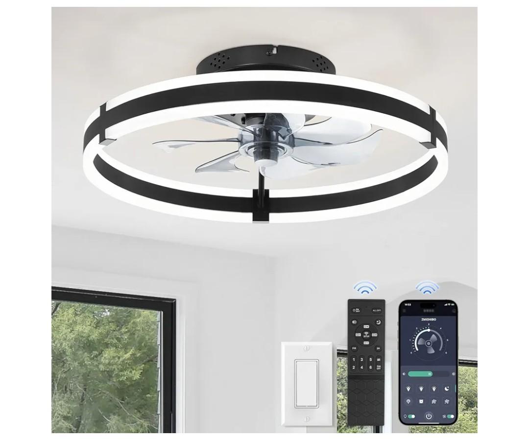 ZMISHIBO Ceiling Fans with Lights and Remote, 19.7'' Low Profile Ceiling Fan, 3000-6000K Dimmable Modern Flush Mount LED Fan Light, 6 Wind Speeds, Black Fandelier Ceiling Fans for Bedroom